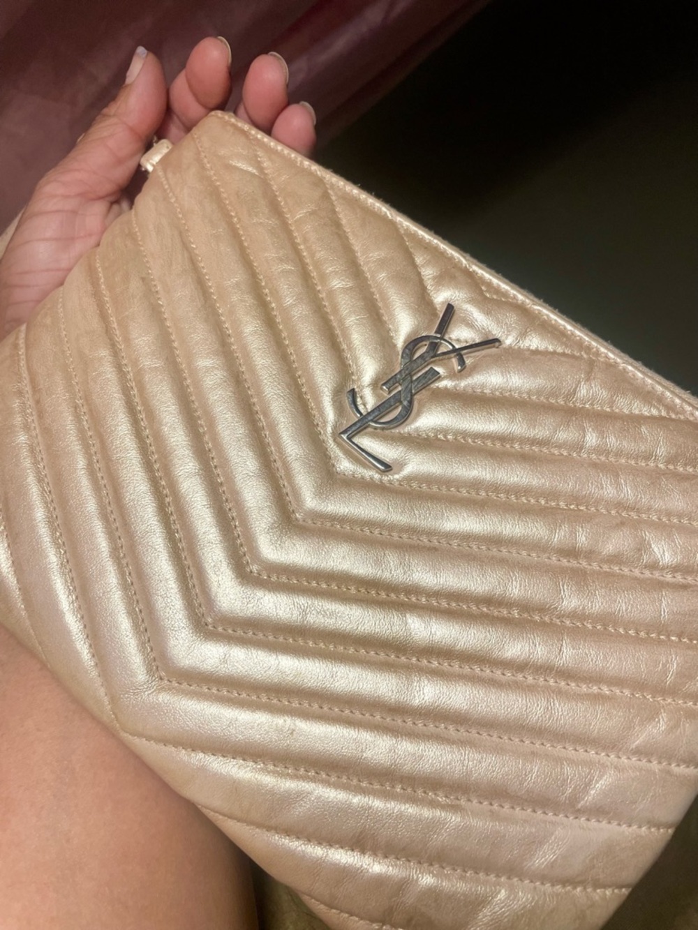 SALE! Saint Laurent Metallic Champagne Quilted Wristlet
